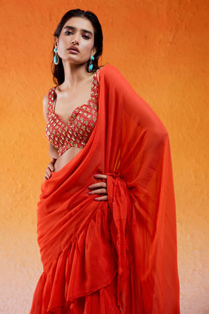 Scarlet Red Embroidered Saree Set image 2