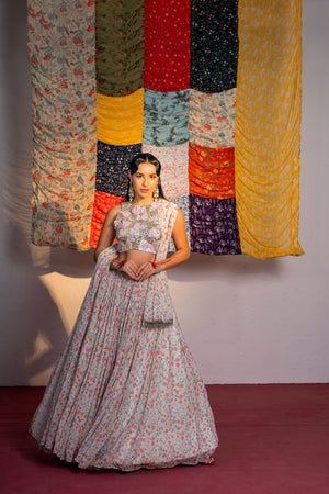 Ivory Printed And Embroidered Lehenga Set - XL image