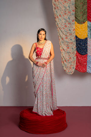 Ivory Printed And Embroidered Drape Saree Set image 1