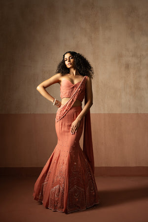 Fishtail Saree Peach Colored Hand Embroidered Georgette Saree - M image