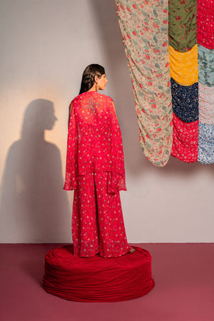 Hot Pink Printed And Embroidered Cape And Pants Set image 5