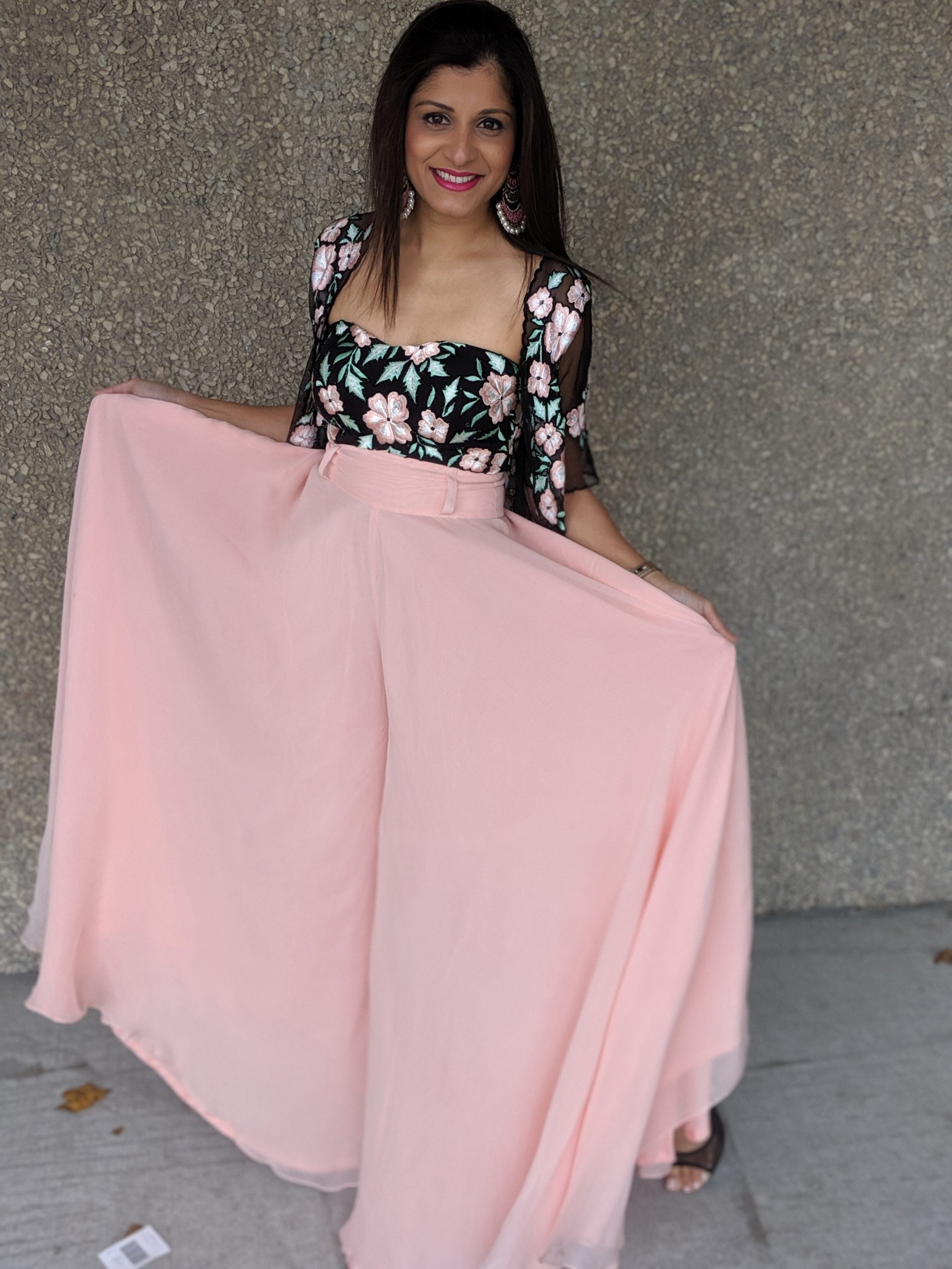 Black Floral Embroidered Jacket Blouse with Pink Palazzo Pants image 1