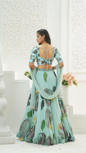 Dusty Blue hand painted lehenga set image 5