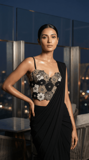 Floral embroidered corset with a black saree image 3