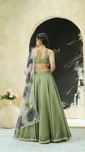Sage Green lehenga set with hand painted dupatta image 2