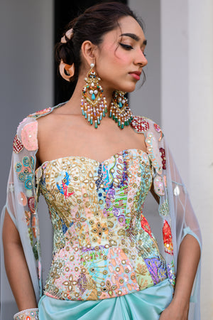 Gardenia Highlighted Corset With Dhoti Skirt And Cape image 2