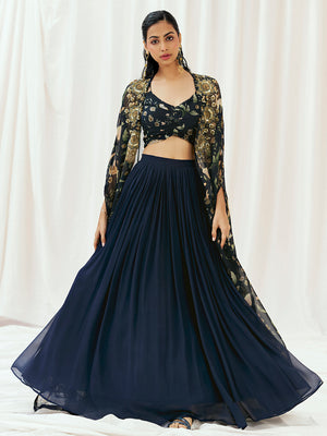 Navy Blue Printed Embroidered Lehenga Set with Cape image 5