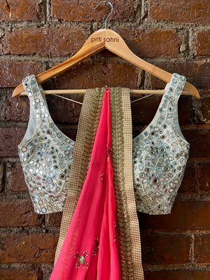 Crimson Chiffon Saree With Mirror Blouse image 3