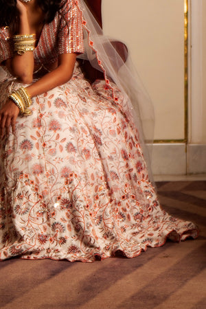 White and Peach Organza Lehenga Set image 7