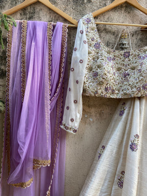 Ivory and Lavender Mirror Work Lehenga Set - XL image