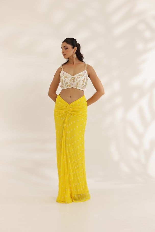 Yellow and White Bandhani Skirt and Cape Set image 1