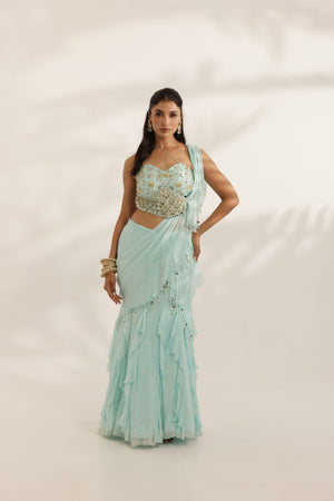 Sky Blue Ruffled Lehenga With Attached Pallu image 4