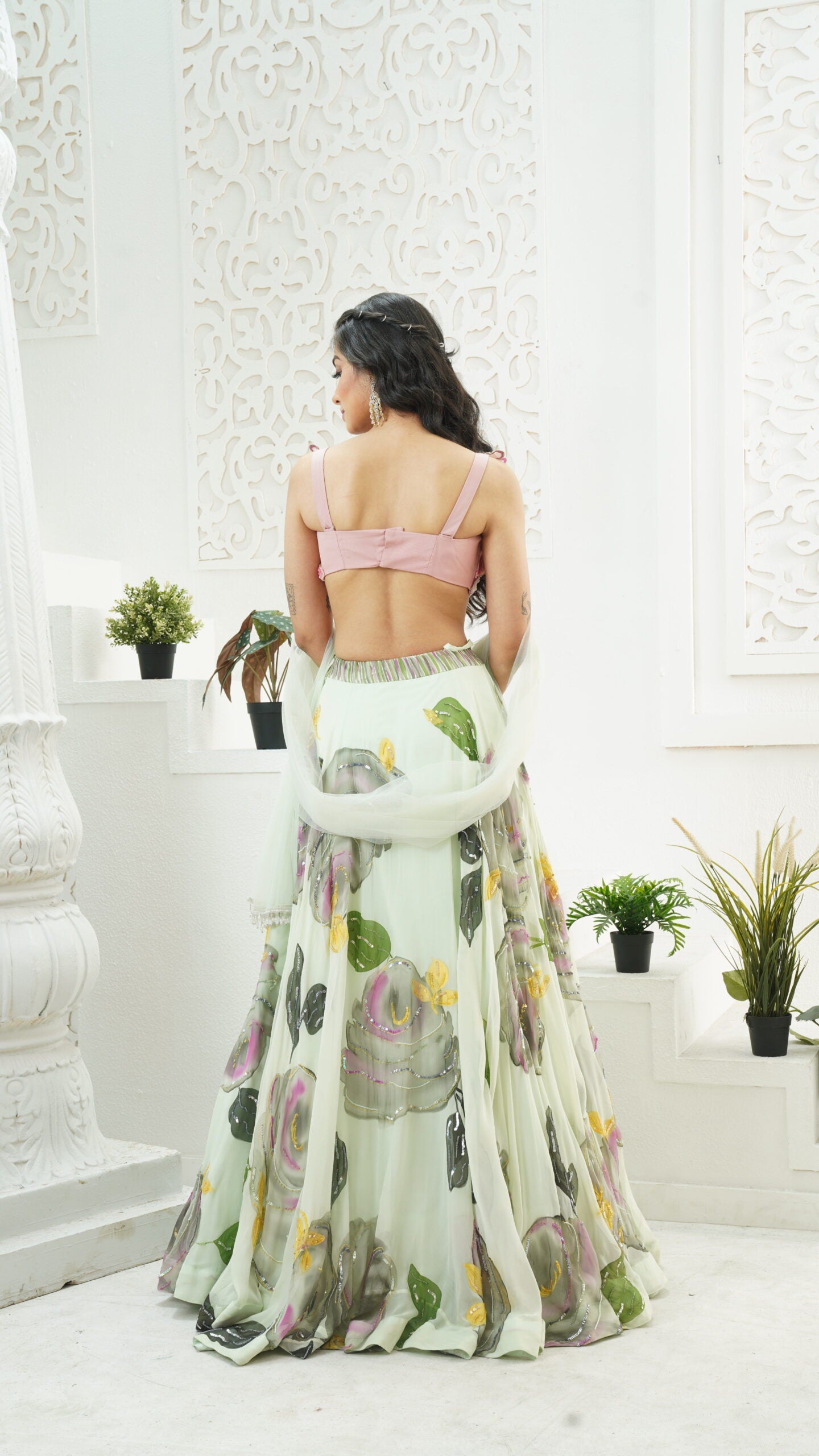 Mint Green hand painted lehenga and Butterfly blouse set image 1