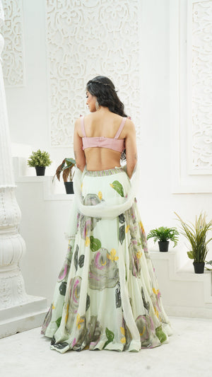Mint Green hand painted lehenga and Butterfly blouse set image 1
