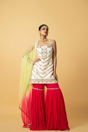 Ivory Chanderi Silk Kurta Fuschia Pink Georgette Sharara image 3