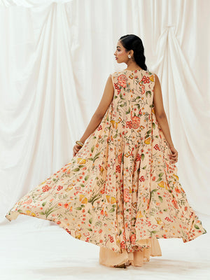 Floral White Printed Long Jacket Sharara Set with Bustier image 5