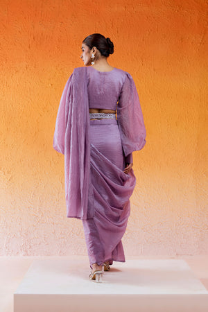 Lavender Embroidered Drape Saree Set with Belt image 5