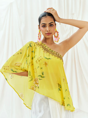 Bright Yellow Printed Embroidered Drape Skirt Set with Top & Bustier image 4