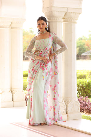 Floral Printed Pre-Drape Saree - M image