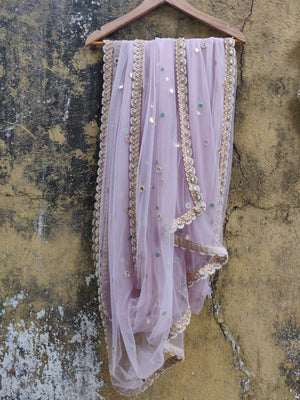 Dust Pink Net Saree with Pearl and Mirror Work Blouse image 3