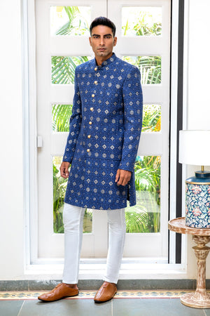 Navy Embroidered Sherwani Set image 4