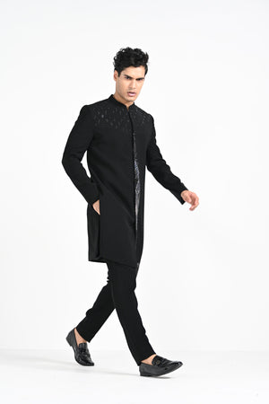 Black Panelled Achkan Set image 2