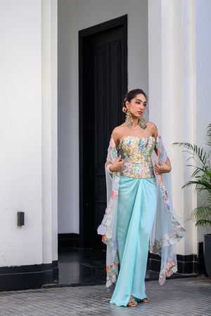 Gardenia Highlighted Corset With Dhoti Skirt And Cape image 6