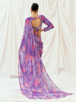 Violet Printed Embroidered Drape Saree Set image 6