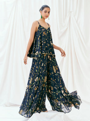 Navy Blue Printed Embroidered Peplum Sharara Set image 3