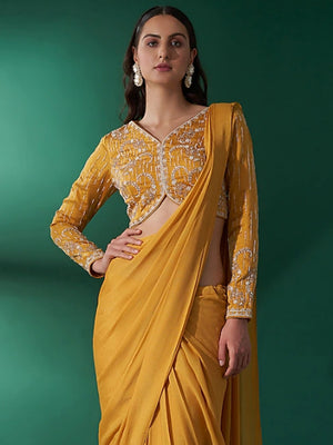 Mustard Yellow Pre Draped Saree Set image 2