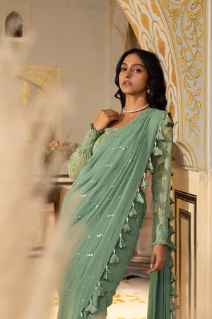Sage Green Pre-Draped Saree image 4