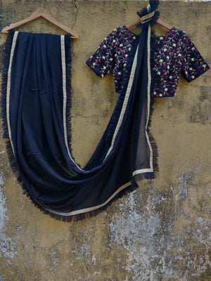 Black Ruffle Sari with Black Embroidered Blouse - L image