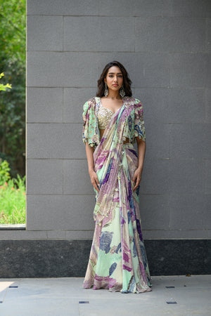 Eden Highlighted Saree Paidawn with Embroidered Blouse With Cape Jacket - Custom image