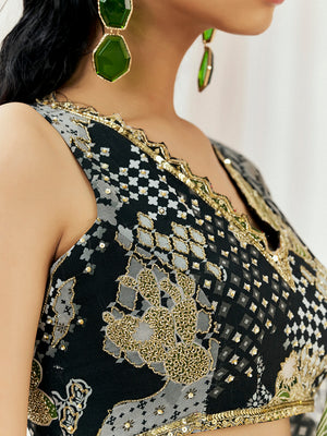Black Printed Embroidered Drape Saree Set image 4