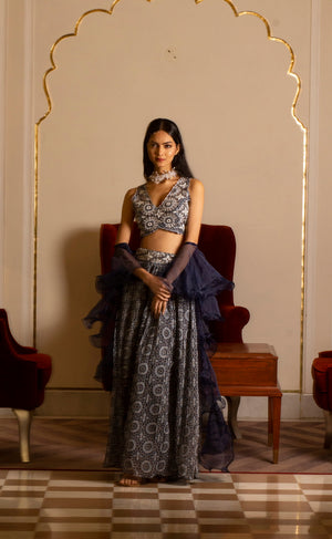 Blue Printed Skirt and Blouse Set (Copy) - L image