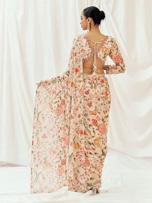 Floral White Printed Embroidered Drape Saree Set image 1