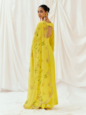 Bright Yellow Printed Embroidered Anarkali Set with Dupatta image 2