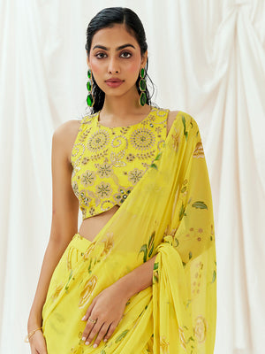 Bright Yellow Printed Embroidered Drape Saree Set image 3