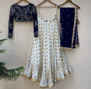 Ivory Lehenga with Navy Blue Blouse Set image 2
