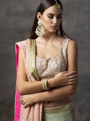 Mint Green Raw Silk Lehenga with Peach Choli image 2