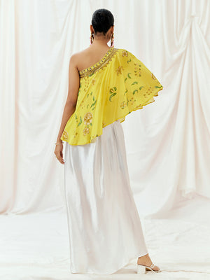 Bright Yellow Printed Embroidered Drape Skirt Set with Top & Bustier image 7