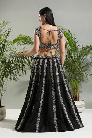 Black and Pink Thread and Mirror Hand Embroidered Lehenga Set image 7