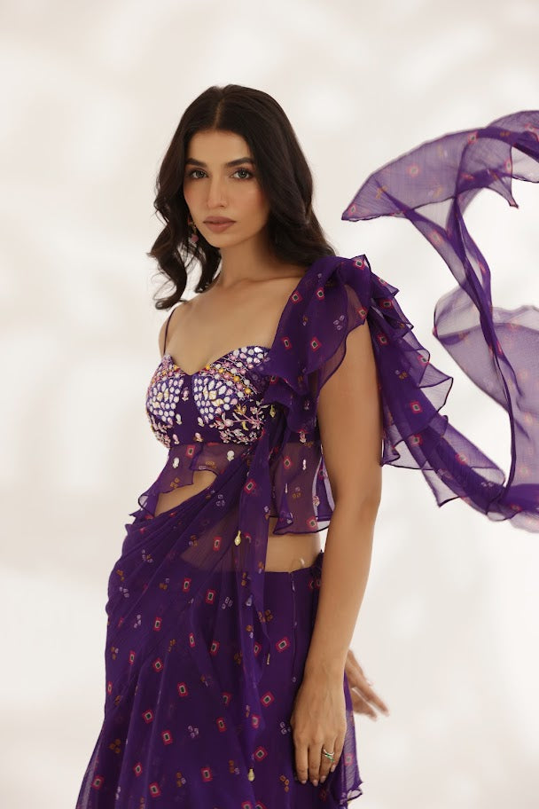Purple Bandhani Pre-Drape Saree Set image 1