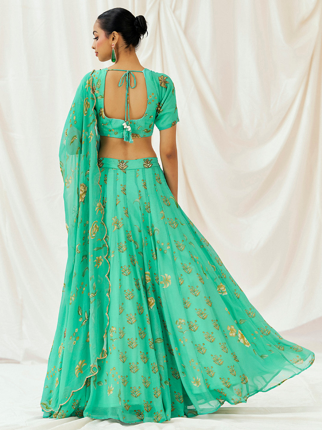 Turquoise Blue Printed Embroidered Lehenga Set with Dupatta image 1