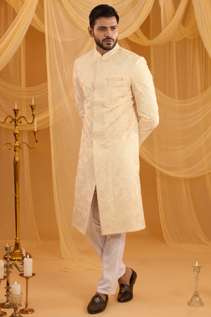 Cream Geometric Embroidered Sherwani Set - Custom image