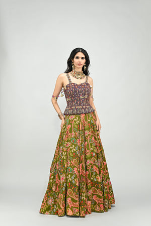 Olive Highlihted Lehenga Paired With Plum Embroidered Badla Corset (without dupatta) image 3