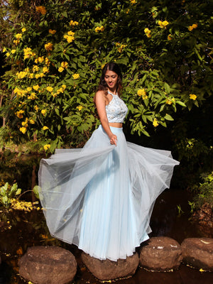 Powder Blue Halter Cut Blouse with Tulle Skirt image 3