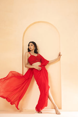 Red Crystal Embellished Drape Saree image 2