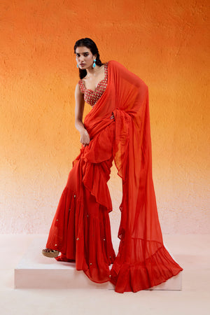 Scarlet Red Embroidered Saree Set image 4