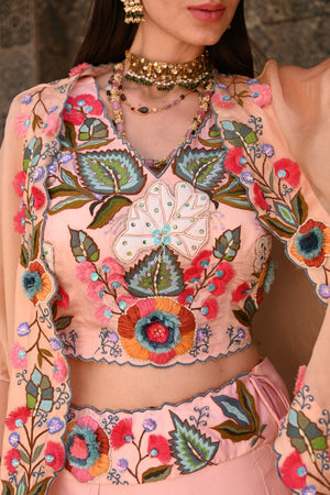 Peach Lehenga Set With Cape image 1